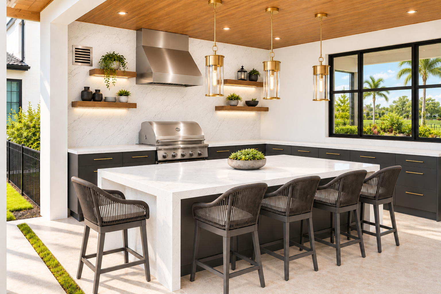 A sunlit finished outdoor kitchen with black cabinetry, white stone counters, a warm wood ceiling and a natural Florida garden view