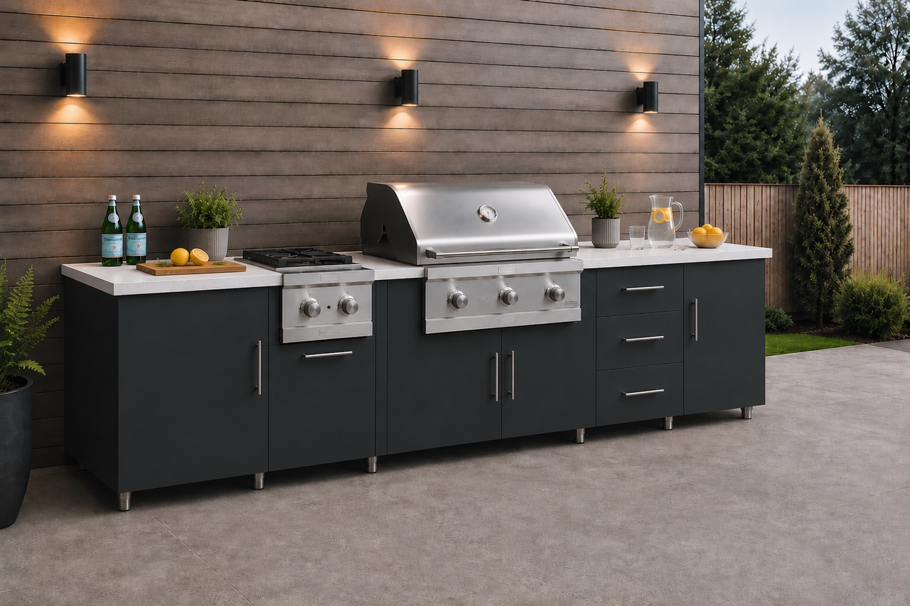A refined outdoor kitchen with black cabinetry, stainless appliances and warm architectural lighting