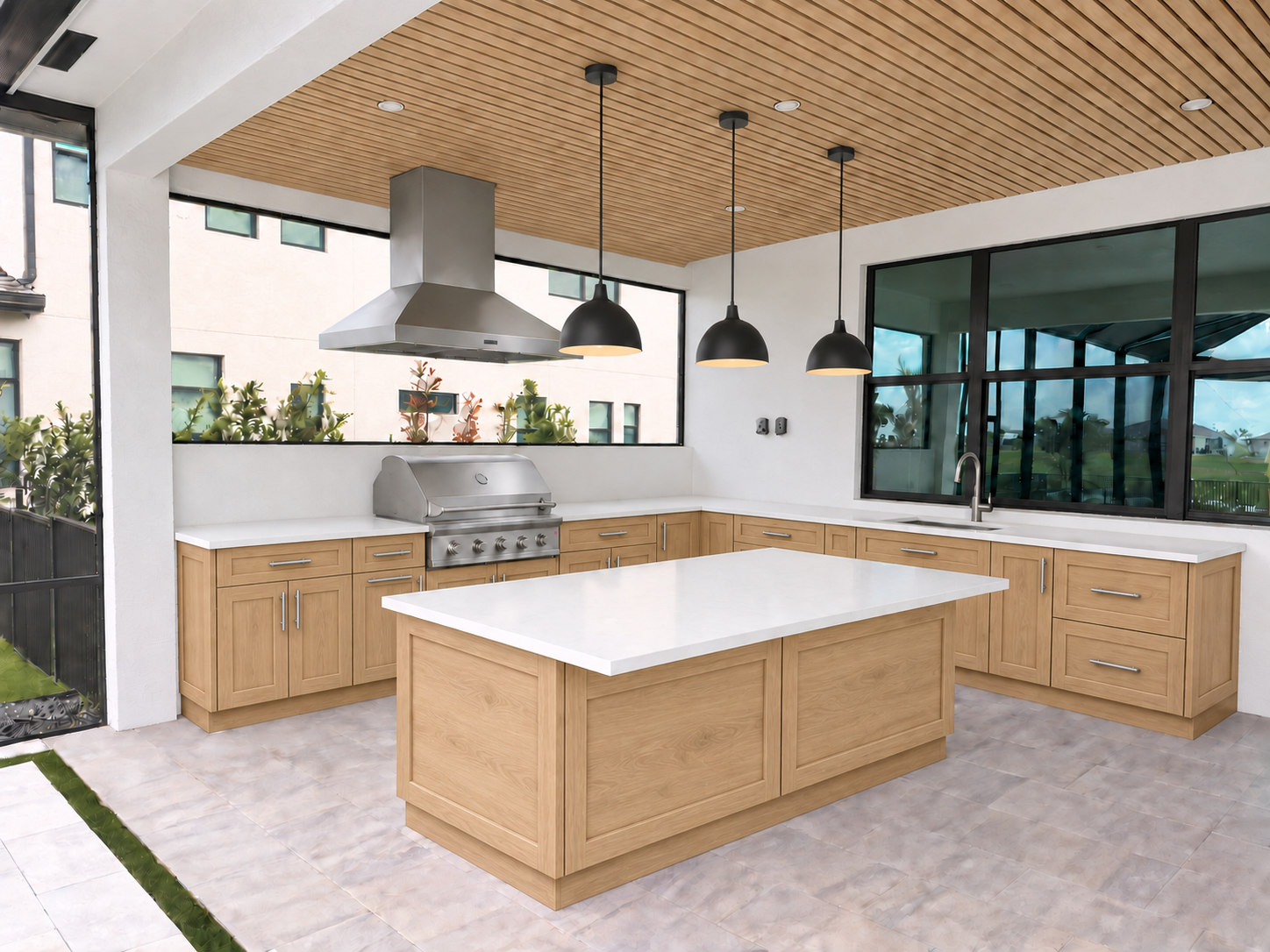 Waverly outdoor kitchen with full L-shaped natural wood cabinetry, white countertops and a matching island